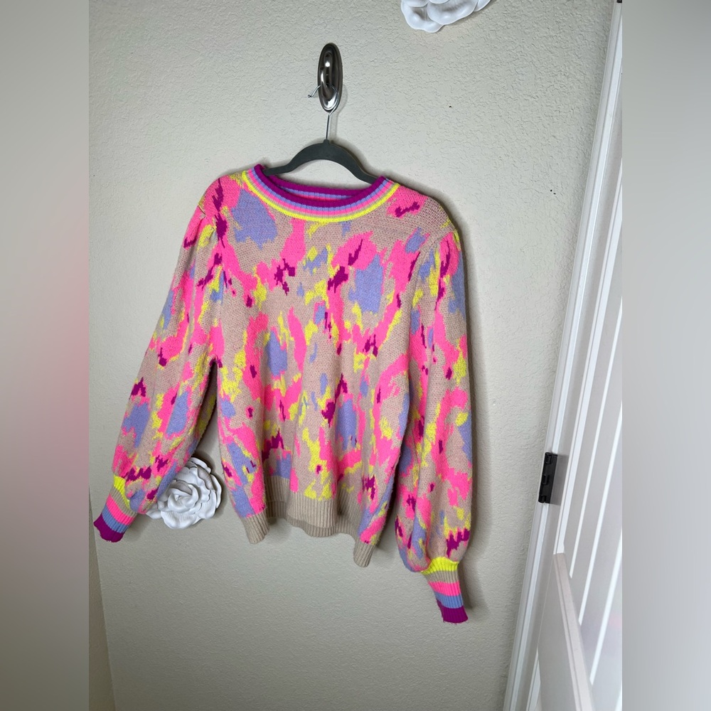 NTM Jodifl Abstract Print Sweater Neon Pink Taupe Balloon Sleeve Pullover Size L - Picture 7 of 16